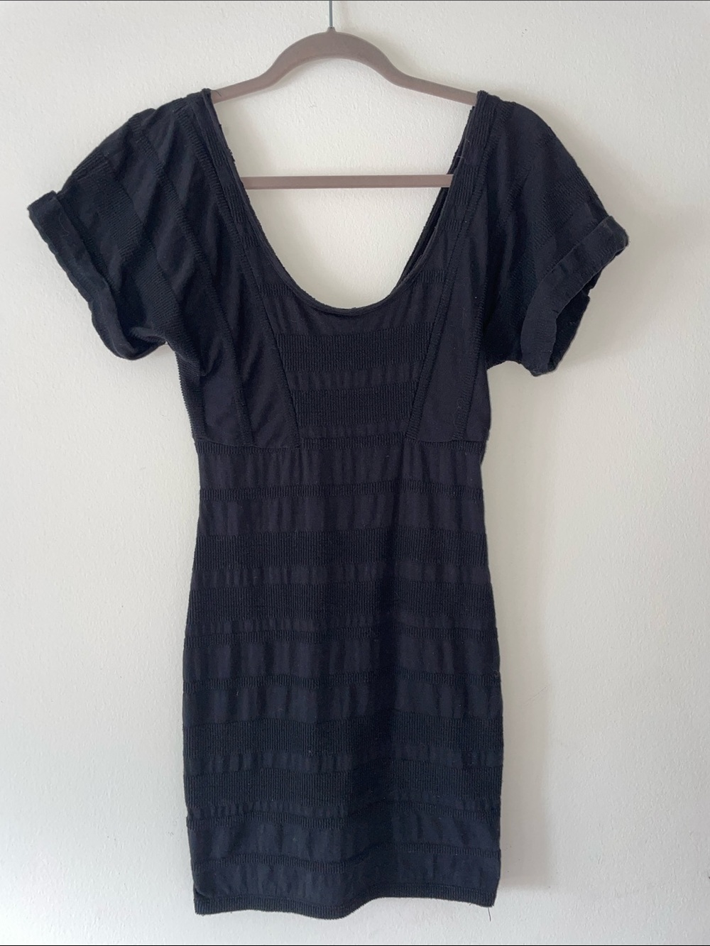 Vintage Free People Black Knit Scoop-Neck Mini Dress AMAZING Comfy Flattering